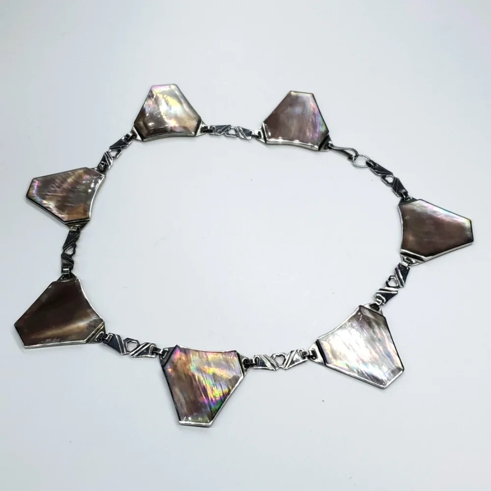 Vintage 70s Abalone Shell Silver Choker Necklace
